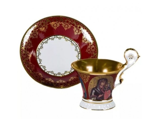 Чашка высокая с блюдцем Улрика, Лики святых, красная Leander 0,2 л