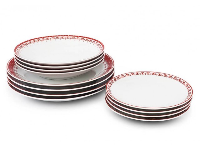 Набор тарелок Красный рисунок HyggeLine Leander на 4 персоны 12 шт