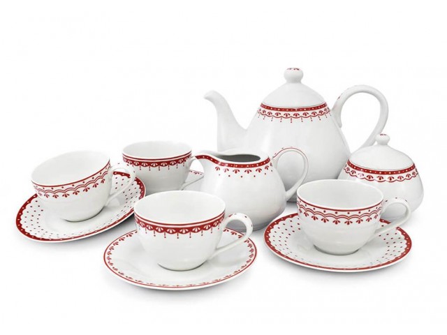 Чайный сервиз Красный рисунок HyggeLine Leander на 4 персоны 11 предметов