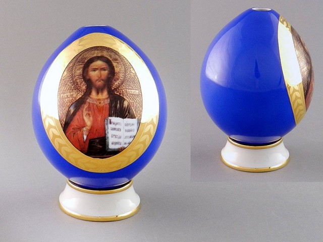 Яйцо на подставке пасхальное Leander Спаситель синее 20125012-295C