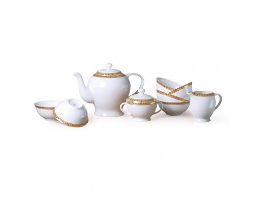 Чайный сервиз с пиалами Белый с золотом Акку на 6 персон 9 предметов