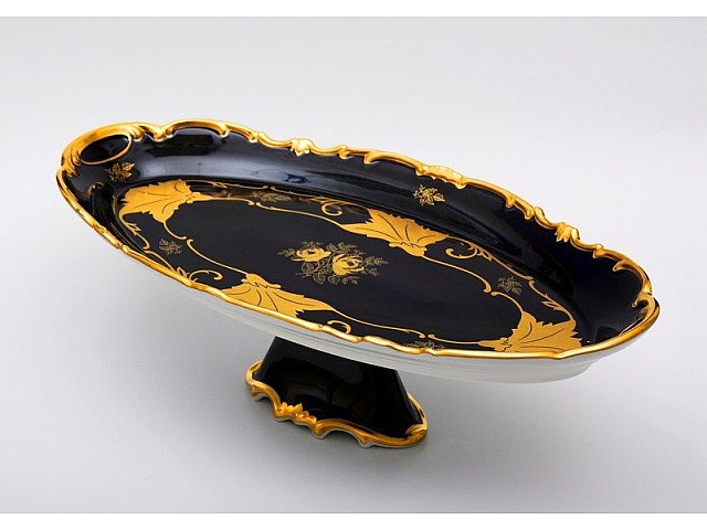 Блюдо овальное на ножке 50см Weimar Porzellan Кленовый лист синий