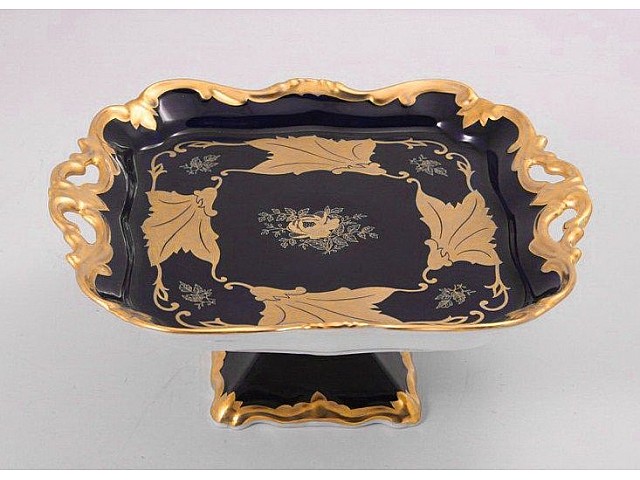 Блюдо квадратное на ножке 30см Weimar Porzellan Кленовый лист синий