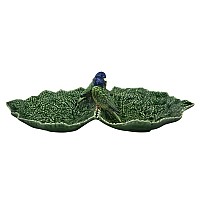 Блюдо двухсекционное Bordallo Pinheiro Листья 34см с двумя синими птичками