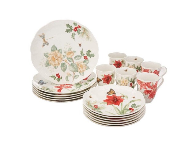 Набор столовой посуды Lenox Пуансеттия, амарилис, жасмин, Бабочки на лугу на 6 персон 18 предметов подарочный
