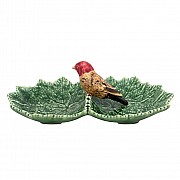 Блюдо двухсекционное Bordallo Pinheiro Листья 22см с красной птичкой