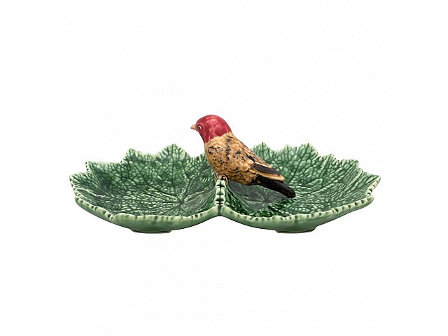 Блюдо двухсекционное Bordallo Pinheiro Листья 22см с красной птичкой