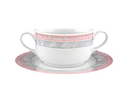 Набор бульонных пар Яна Серый мрамор с розовым кантом Thun 350 мл