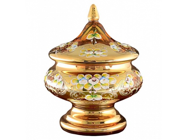 Конфетница с крышкой 21 см Лепка янтарная E-V Bohemia Crystal
