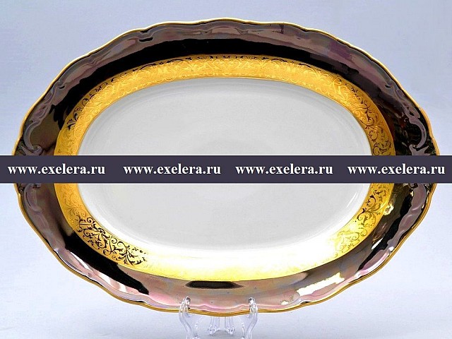 Блюдо овальное 32 см Магнолия Золотая полоса Изумруд MZ