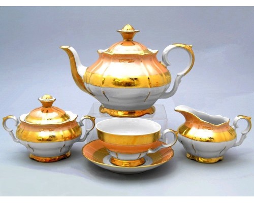 Чайный сервиз Магнолия Золотая полоса Янтарь MZ на 6 персон