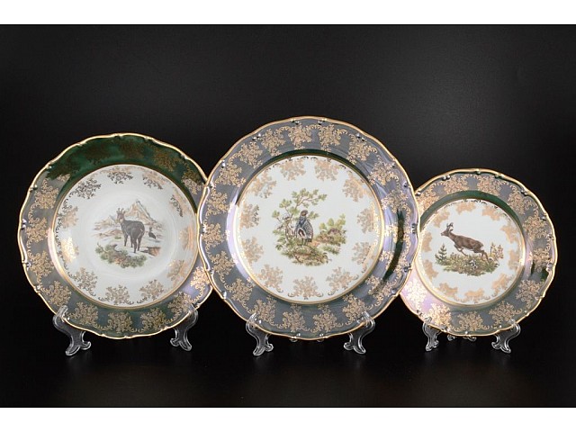 Набор тарелок Магнолия Охота Зеленая MZ на 6 персон 18 шт