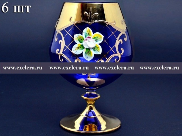 Набор бокалов для бренди 400 мл Bohemia Crystal Лепка Синяя U-R золотая ножка 6 шт