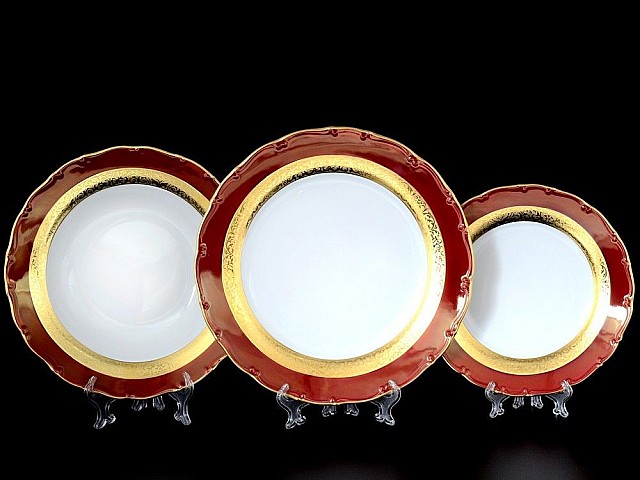 Набор тарелок Магнолия Золотая полоса Рубин MZ на 6 персон 18 шт