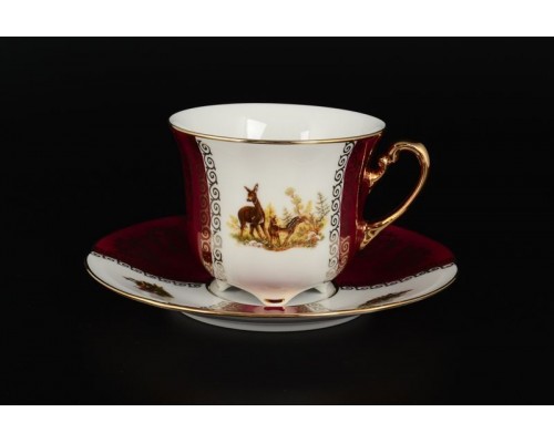 Набор чайных пар Охота Красная Барокко Royal Czech Porcelain (6 пар)