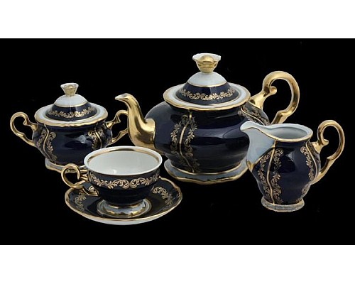 Чайный сервиз Анжелика Кобальт Золотые вензеля MZ на 6 персон