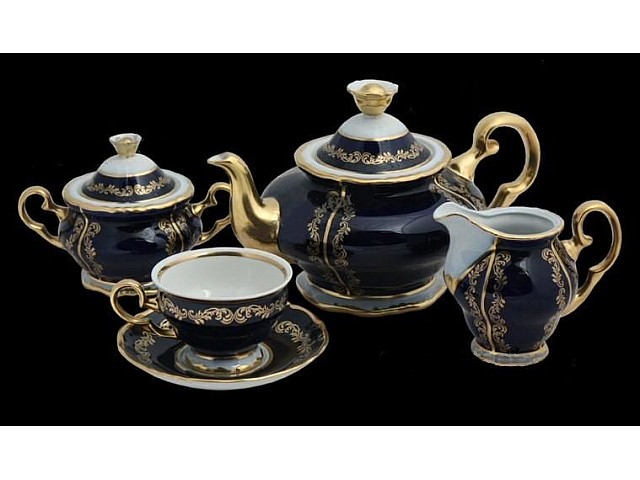 Чайный сервиз Анжелика Кобальт Золотые вензеля MZ на 6 персон