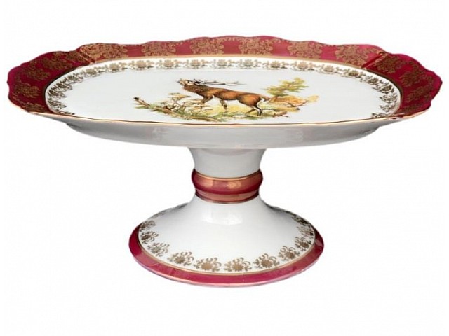 Блюдо овальное Охота красная Корона Queens Crown на ножке 25 см