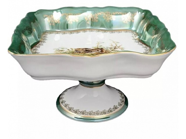 Салатник квадратный на ножке Охота зеленая Queens Crown 29 см