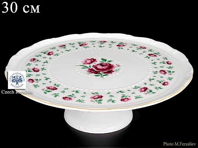 Тарелка для торта на ножке 30 см Офелия Плетистая роза Лагуна Отводка золото MZ