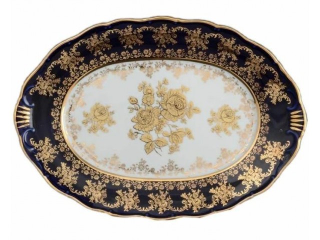 Блюдо овальное 32 см Офелия Золотая роза Кобальт Мелкий узор MZ