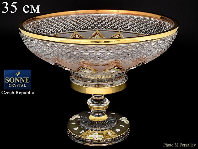Хрустальная ваза для фруктов на ножке Sonne Crystal Золото 35 см