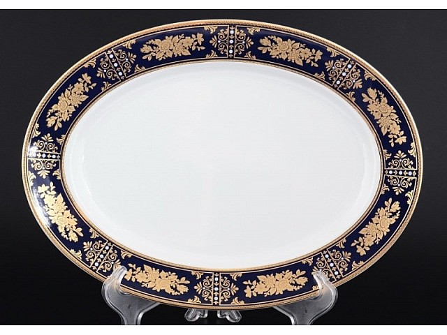 Блюдо овальное 32 см Thun Луиза Золотая роза Кобальт