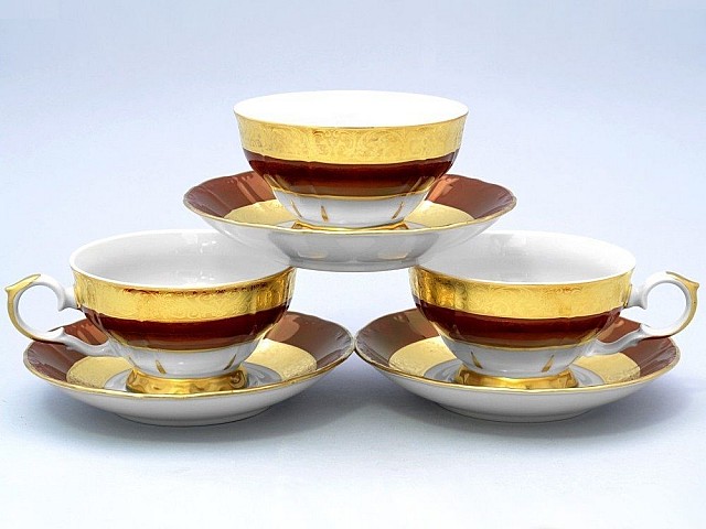 Набор чайных пар 230 мл Магнолия Золотая полоса Рубин MZ (6 пар)