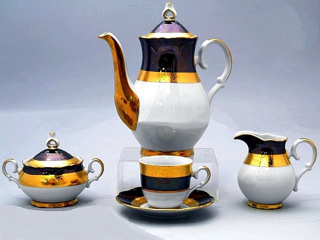 Кофейный сервиз Магнолия Золотая полоса Изумруд MZ на 6 персон