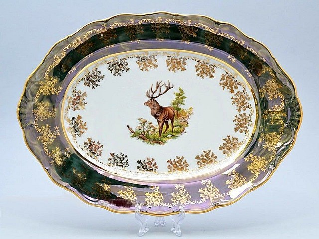 Блюдо овальное 36 см Магнолия Охота Зеленая MZ