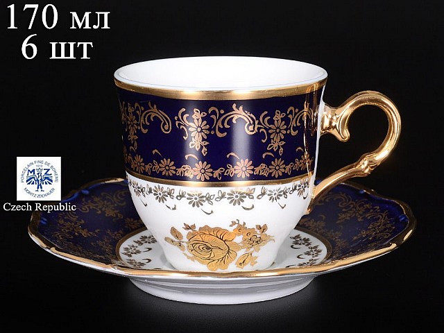 Набор кофейных пар 170 мл Офелия Золотая роза Кобальт Мелкий узор MZ (6 пар)