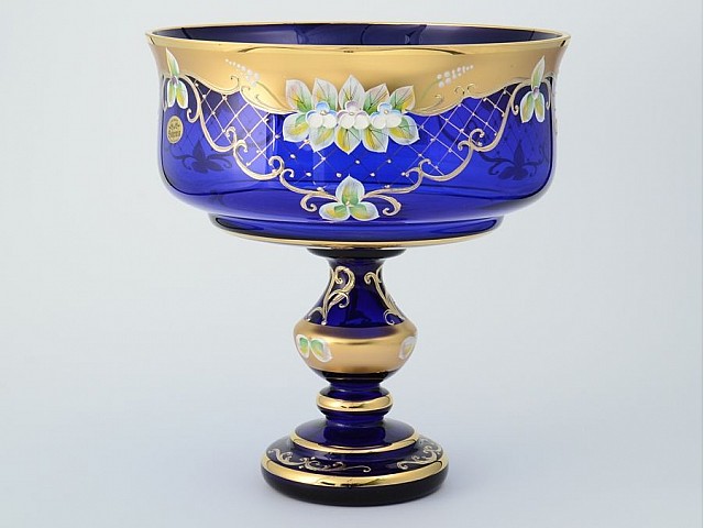 Фруктовница на ножке Лепка Синяя B-L Bohemia 28 см