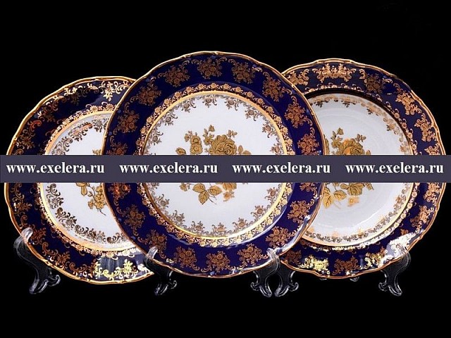 Набор тарелок Офелия Золотая роза Кобальт Мелкий узор MZ на 6 персон 18 шт