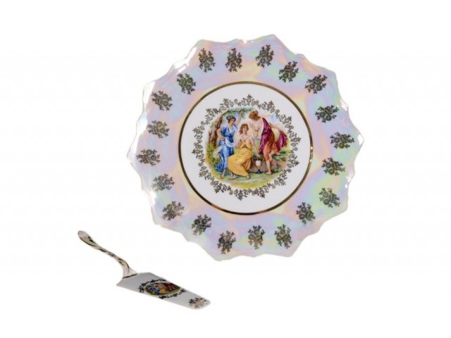 Тарелка для торта с лопаткой 30 см Мадонна перламутр Корона Queens Crown