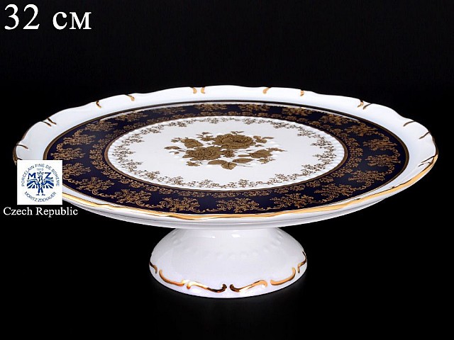 Тарелка для торта 32 см на ножке Офелия Золотая роза Кобальт Мелкий узор MZ