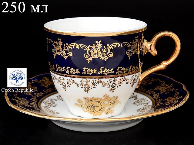 Чашка с блюдцем 250 мл Офелия Золотая роза Кобальт Мелкий узор