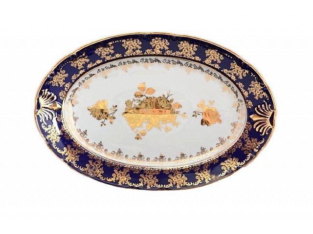 Блюдо овальное 32 см Thun Констанция Золотая роза Кобальт 7635400