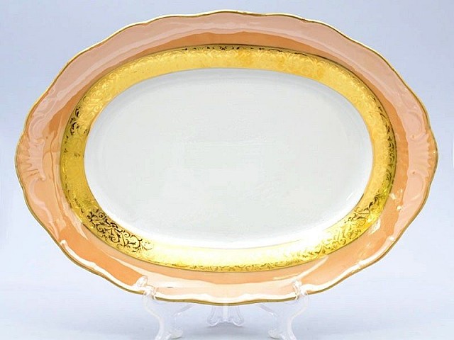 Блюдо овальное 32 см Магнолия Золотая полоса Янтарь MZ
