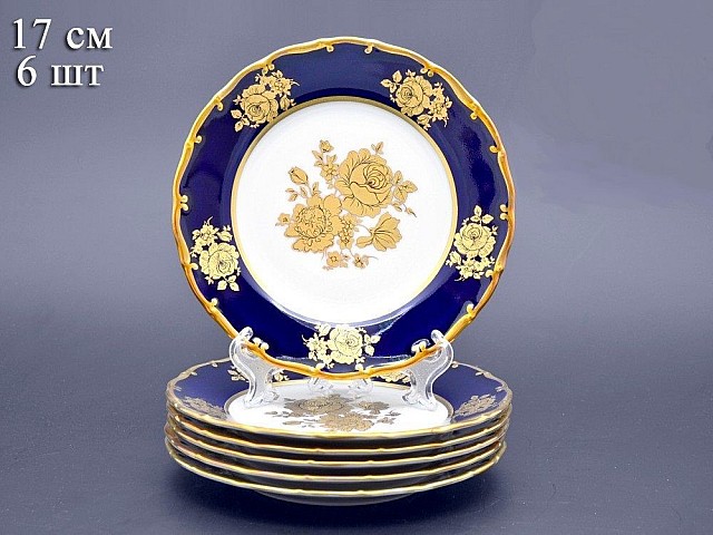 Набор тарелок 17 см Анжелика Золотая Роза Кобальт Отводка золото MZ 6 шт