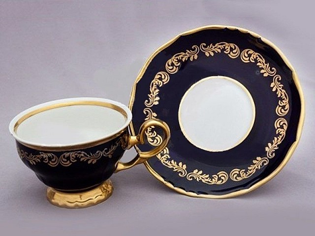 Набор чайных пар 250 мл Анжелика Кобальт Золотые вензеля MZ (6 пар)