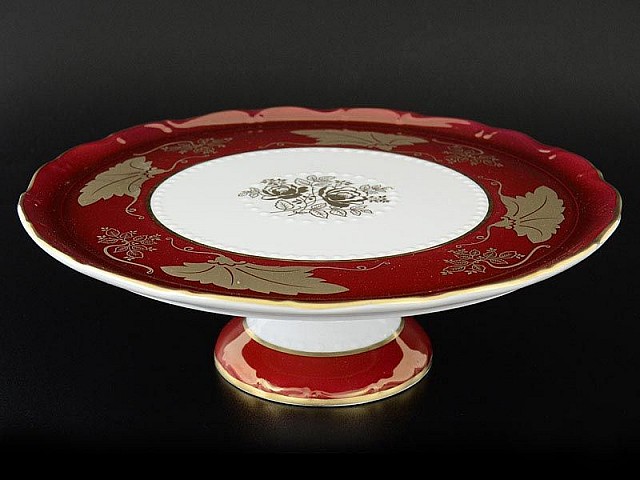 Тарелка для торта на ножке 32 см Мария Луиза Кленовый лист Красный Carlsbad