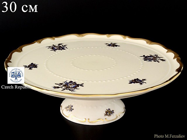 Тарелка для торта на ножке 30 см Анжелика Слоновая кость синяя Роза MZ