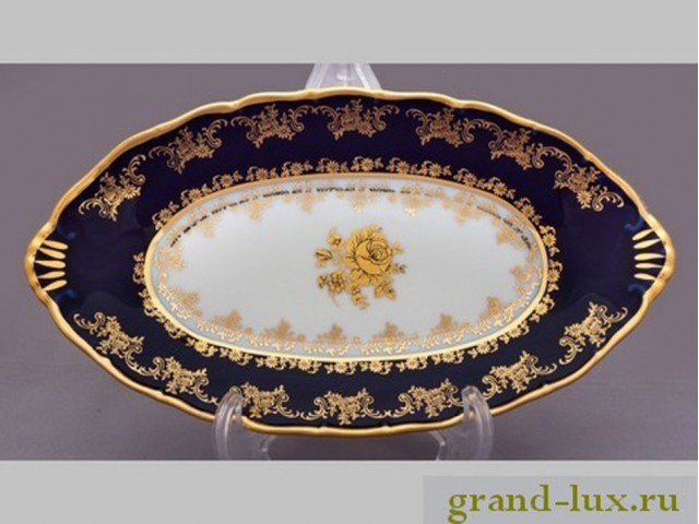 Блюдо овальное 26 см Офелия Золотая роза Кобальт Мелкий узор MZ