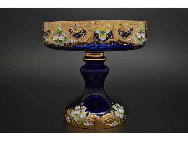 Фруктовница на ножке Лепка Синяя E-V Bohemia 26 см