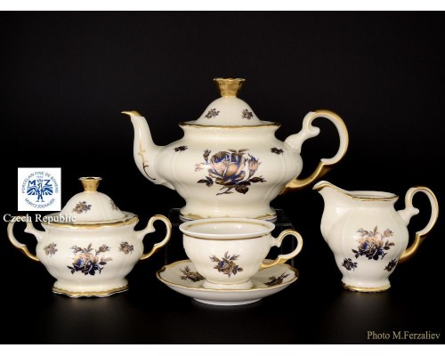 Чайный сервиз Анжелика Слоновая кость синяя Роза MZ на 6 персон