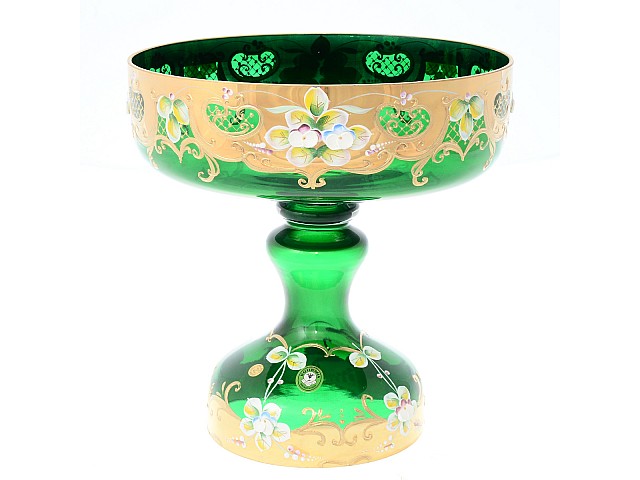 Фруктовница на ножке Лепка Зеленая E-V Bohemia 26 см