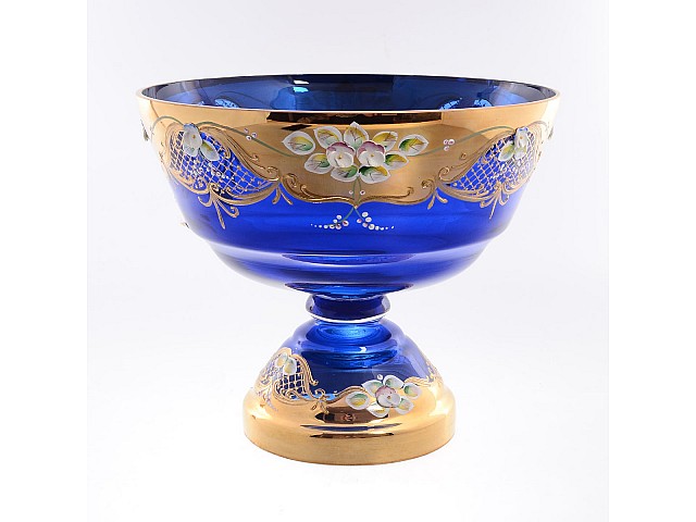 Фруктовница на ножке Bohemia Лепка синяя 30 см