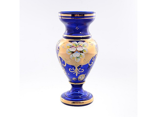 Ваза для цветов Лепка Синяя E-V Bohemia на ножке 22 см