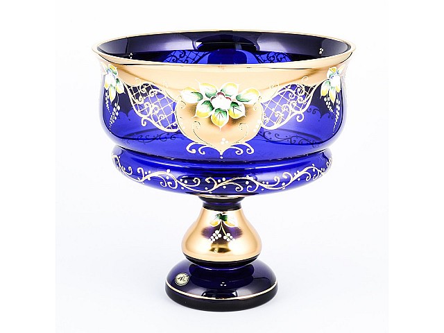 Конфетница на ножке Лепка синяя И-В Bohemia Crystal 26 см