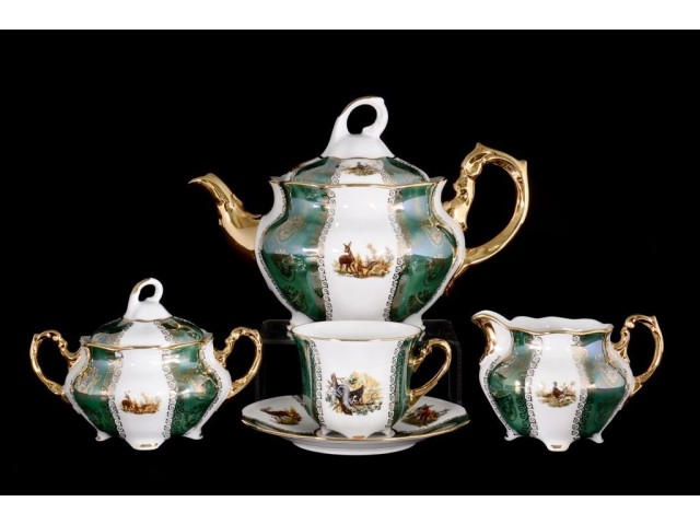 Чайный сервиз Охота Зеленая Барокко Royal Czech Porcelain на 6 персон